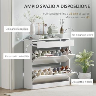 Zapatero Compacto Slim Con 2 Puertas Abatibles Y Cajón, Zapatero De Entrada En Vidrio Con Estantes Regulables En 2 Niveles, Capacidad Para 16 Pares Con Asa, 89X23X96Cm, Blanco Brillante