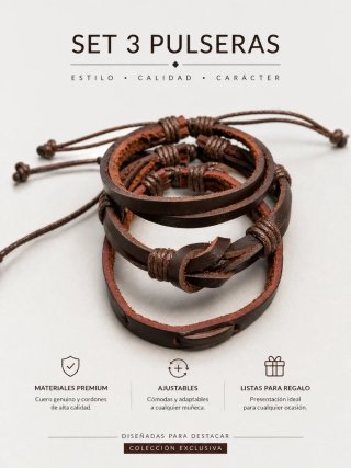 Set 3 Pulseras Cuero Marrón Ajustables