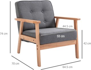 Sillón Vintage Estilo Escandinavo Suave y Acolchado con Tapicería de Botones y Piping en los Bordes del Cojín Madera de Caucho, Lino Gris Max: 120 Kg 64.5X70X74Cm