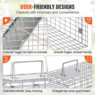 Trampa de Animales Vivos, 79 x 25 x 30.5 cm Trampa Humana para Gatos de Hierro Galvanizado, Trampa Plegable con Mango para Conejos, Gatos Callejeros, Ardillas, Mapaches, Marmotas y Oposums