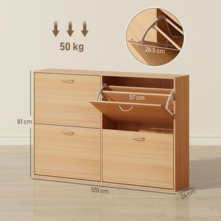 Zapatero Compacto Capacidad 24 Pares Con Estantes Regulables para Entrada y Dormitorio, en Madera Aglomerada, 120X24X81Cm, Color Madera