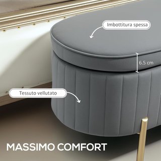 Banco Contenedor de Entrada Ovalado 72L Diseño Estriado con Tapa Elevable, Asiento Acolchado, Banco de Pie de Cama Puff Cofre en Terciopelo, Estructura de Madera de Pino, 108X44X43.5Cm, Gris