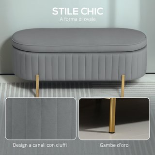 Banco Contenedor de Entrada Ovalado 72L Diseño Estriado con Tapa Elevable, Asiento Acolchado, Banco de Pie de Cama Puff Cofre en Terciopelo, Estructura de Madera de Pino, 108X44X43.5Cm, Gris