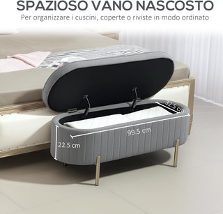 Banco Contenedor de Entrada Ovalado 72L Diseño Estriado con Tapa Elevable, Asiento Acolchado, Banco de Pie de Cama Puff Cofre en Terciopelo, Estructura de Madera de Pino, 108X44X43.5Cm, Gris