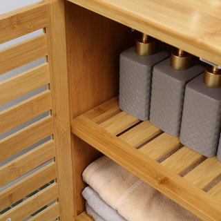 Mueble de Baño Moderno de 2 Puertas, Armario de Baño con 2 Estantes Ventilados de Bambú, 68X32X86 Cm, Color Madera