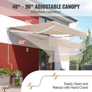 Toldo Retráctil Manual, Toldo de Patio Exterior de 12 x 10 pies, Sombra Retráctil, Toldo de Ventana y Puerta de Patio de Poliéster Resistente al Agua con Manivela para Jardín, Balcón