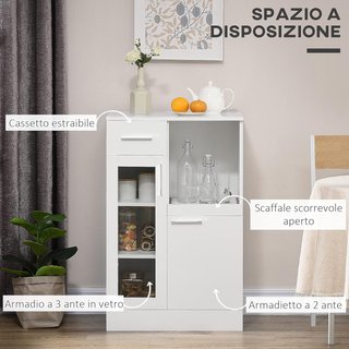 Credenza Moderna Con Armadietti Y Cajón, Mueble De Cocina Ahorra Espacio En Madera Y Vidrio 60X40X95Cm, Blanco