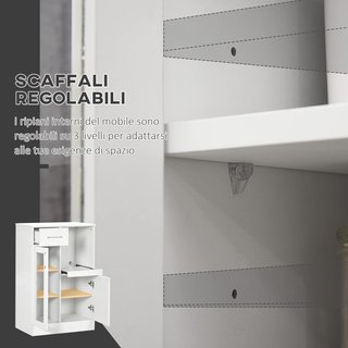 Credenza Moderna Con Armadietti Y Cajón, Mueble De Cocina Ahorra Espacio En Madera Y Vidrio 60X40X95Cm, Blanco