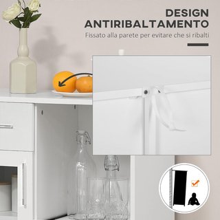 Credenza Moderna Con Armadietti Y Cajón, Mueble De Cocina Ahorra Espacio En Madera Y Vidrio 60X40X95Cm, Blanco