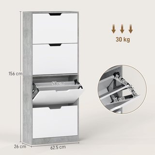 Zapatero Slim Ahorra Espacio Con 4 Puertas Abatibles, Zapatero de Entrada Con Estantes Regulables, Capacidad para 16 Pares Con Manija Empotrada, 62.5X26X156 Cm, Gris Cemento