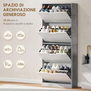 Zapatero Slim Ahorra Espacio Con 4 Puertas Abatibles, Zapatero de Entrada Con Estantes Regulables, Capacidad para 16 Pares Con Manija Empotrada, 62.5X26X156 Cm, Gris Cemento