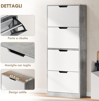 Zapatero Slim Ahorra Espacio Con 4 Puertas Abatibles, Zapatero de Entrada Con Estantes Regulables, Capacidad para 16 Pares Con Manija Empotrada, 62.5X26X156 Cm, Gris Cemento