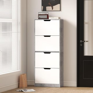 Zapatero Slim Ahorra Espacio Con 4 Puertas Abatibles, Zapatero de Entrada Con Estantes Regulables, Capacidad para 16 Pares Con Manija Empotrada, 62.5X26X156 Cm, Gris Cemento