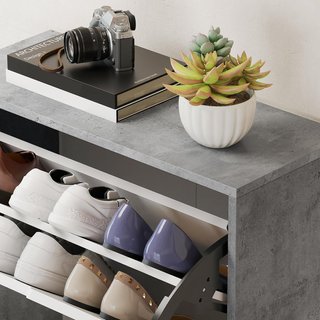 Zapatero Slim Ahorra Espacio Con 4 Puertas Abatibles, Zapatero de Entrada Con Estantes Regulables, Capacidad para 16 Pares Con Manija Empotrada, 62.5X26X156 Cm, Gris Cemento