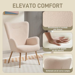 Sillón Moderno Tapizado para Sala de Estar, Sillón de Dormitorio en Tela Sherpa con Respaldo Alto y Apoyabrazos, Sillón de Relax con Estructura de Acero para Sala de Estar, Beige