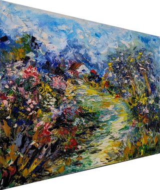 Cuadro al óleo casa camino florido