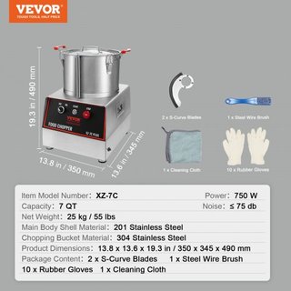 Procesador de Alimentos y Picador de Verduras, Tazón de 7 Cuartos, Procesador de Alimentos de Acero Inoxidable de Grado Alimenticio de 750W con 2 Cuchillas en S Adicionales, Multifuncional para Pi...