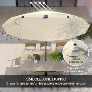 Sombrilla Doble Inclinable 295X150Cm Con Manivela, Luces LED, Base Cruzada Y Ventilaciones, Sombrilla De Jardín Con 12 Varillas De Acero Y Poliéster, Para Jardín Terraza Balcón