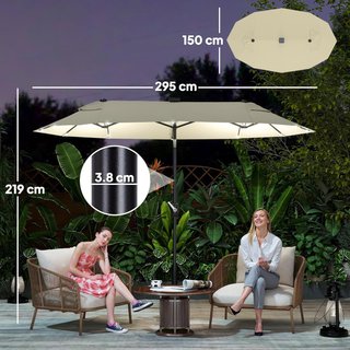 Sombrilla Doble Inclinable 295X150Cm Con Manivela, Luces LED, Base Cruzada Y Ventilaciones, Sombrilla De Jardín Con 12 Varillas De Acero Y Poliéster, Para Jardín Terraza Balcón