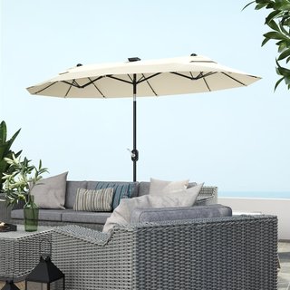 Sombrilla Doble Inclinable 295X150Cm Con Manivela, Luces LED, Base Cruzada Y Ventilaciones, Sombrilla De Jardín Con 12 Varillas De Acero Y Poliéster, Para Jardín Terraza Balcón