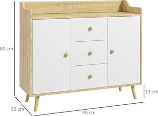 Aparador de Madera con 3 Cajones y 2 Armarios de 2 Niveles, Mueble Moderno y Multifuncional para Cocina, Comedor y Sala de Estar, 90X32X80 Cm, Blanco y Color Madera