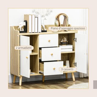 Aparador de Madera con 3 Cajones y 2 Armarios de 2 Niveles, Mueble Moderno y Multifuncional para Cocina, Comedor y Sala de Estar, 90X32X80 Cm, Blanco y Color Madera