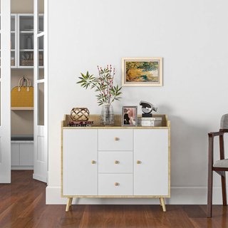 Aparador de Madera con 3 Cajones y 2 Armarios de 2 Niveles, Mueble Moderno y Multifuncional para Cocina, Comedor y Sala de Estar, 90X32X80 Cm, Blanco y Color Madera