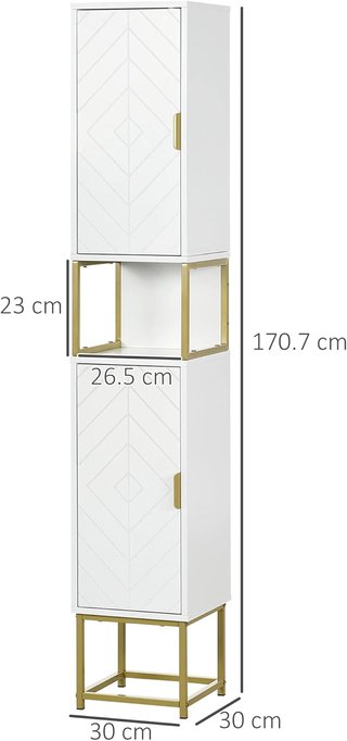 Columna de Baño Con 2 Armarios y Estante Abierto, Mueble de Baño Ahorra Espacio en MDF y Acero, 30X30X170.7Cm, Blanco y Oro