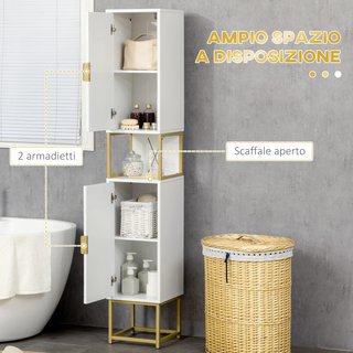 Columna de Baño Con 2 Armarios y Estante Abierto, Mueble de Baño Ahorra Espacio en MDF y Acero, 30X30X170.7Cm, Blanco y Oro
