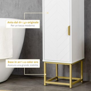 Columna de Baño Con 2 Armarios y Estante Abierto, Mueble de Baño Ahorra Espacio en MDF y Acero, 30X30X170.7Cm, Blanco y Oro