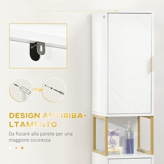 Columna de Baño Con 2 Armarios y Estante Abierto, Mueble de Baño Ahorra Espacio en MDF y Acero, 30X30X170.7Cm, Blanco y Oro