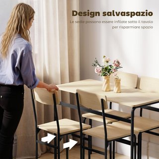 Conjunto de Mesa y Sillas de Comedor de 5 Piezas, Mesa de Comedor Rectangular y 4 Sillas de Madera y Metal, Ahorra Espacio, Diseño Industrial, para Sala de Estar Cocina, Negro y Color Madera