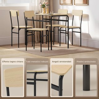 Conjunto de Mesa y Sillas de Comedor de 5 Piezas, Mesa de Comedor Rectangular y 4 Sillas de Madera y Metal, Ahorra Espacio, Diseño Industrial, para Sala de Estar Cocina, Negro y Color Madera