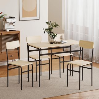 Conjunto de Mesa y Sillas de Comedor de 5 Piezas, Mesa de Comedor Rectangular y 4 Sillas de Madera y Metal, Ahorra Espacio, Diseño Industrial, para Sala de Estar Cocina, Negro y Color Madera