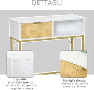 Mesa Consola de Madera, Consola de Entrada o Salón con Diseño Moderno, Blanco y Oro, 80X30X80.5Cm