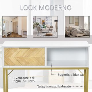 Mesa Consola de Madera, Consola de Entrada o Salón con Diseño Moderno, Blanco y Oro, 80X30X80.5Cm