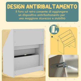 Estantería para Niños de 3 a 8 Años con 3 Estantes y Cajón Inferior, Estante para Juguetes de Madera MDF, 62.5X30X70 Cm, Blanco y Gris