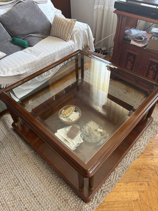 Mesa centro madera maciza y cristal biselado