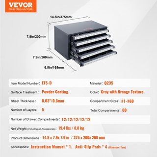 Gabinete Dispensador de Brocas, Gabinete Organizador de Brocas de Cinco Cajones para Brocas de Acero del #1 al #60 con Etiquetas, Dispensador Apilable para Almacenamiento de Brocas