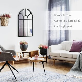 Espejo de Pared Moderno en Arco, Espejo de Dormitorio de Pared con Marco y Ganchos, para Sala de Estar y Entrada, en Vidrio y Metal, 70X50 Cm, Negro