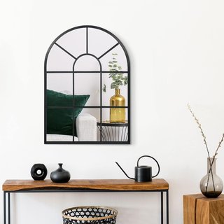 Espejo de Pared Moderno en Arco, Espejo de Dormitorio de Pared con Marco y Ganchos, para Sala de Estar y Entrada, en Vidrio y Metal, 70X50 Cm, Negro