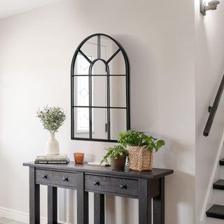 Espejo de Pared Moderno en Arco, Espejo de Dormitorio de Pared con Marco y Ganchos, para Sala de Estar y Entrada, en Vidrio y Metal, 70X50 Cm, Negro