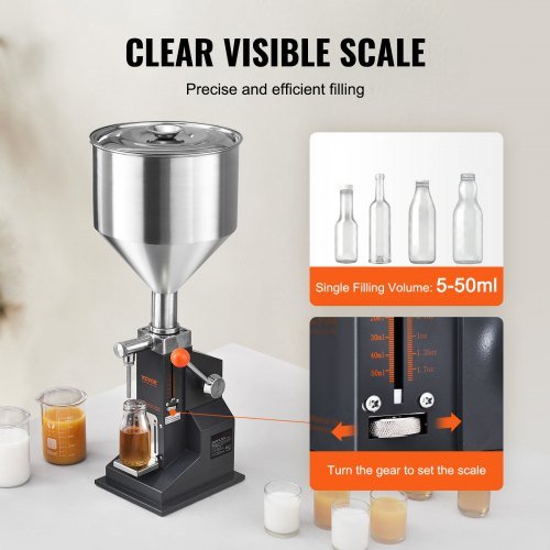 Máquina de Llenado de Líquidos Manual para Pasta, Llenador de Botellas de 5-50ml, Máquina de Llenado de Botellas Ajustable, Llenador de Líquidos de Acero Inoxidable con Tolva para Leche Agua Jugo ...