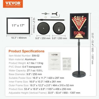 Soporte de Carteles en Pedestal, Soporte de Póster Ajustable Vertical y Horizontal de 11 x 17 Pulgadas, Soporte de Carteles de Piso de Alta Resistencia con Base Redonda para Exhibición, Publicidad...