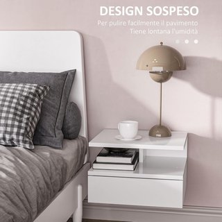 Juego de 2 Mesitas de Noche Suspendidas para Dormitorio, Mesitas de Noche Modernas, Con Cajón y Estante Superior de Madera, 35X32X22.5Cm, Blanco Brillante