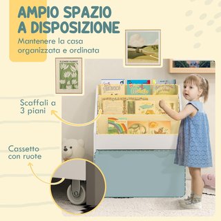 Estantería para Niños de 3-8 Años con 3 Estantes y Cajón Inferior, Estante para Juguetes de Madera MDF, 62.5X30X70 Cm, Blanco