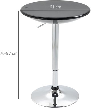 Mesa Redonda de Bar con Tablero Giratorio, Altura Ajustable con Palanca de Gas y Base de Acero, Φ61X76-97Cm, Negro