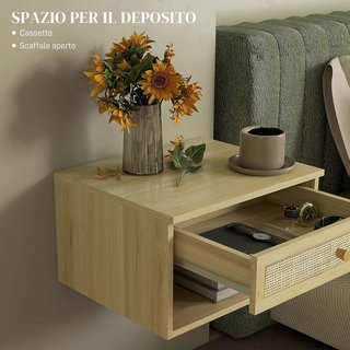 Conjunto de 2 Mesitas de Noche con Cajón y Estantes Abiertos en Estilo Nórdico, Mesitas Modernas de Aglomerado y Ratán, 40X34X23 Cm, Color Madera