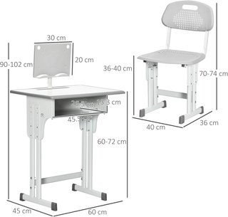 Conjunto de Escritorio y Silla para Niños de 6 a 12 Años con Altura Regulable, Banco Escolar con Cajón, Gancho, Portalápices y Atril, Conjunto de Banco con Silla para Niños en Acero y MDF, Gris