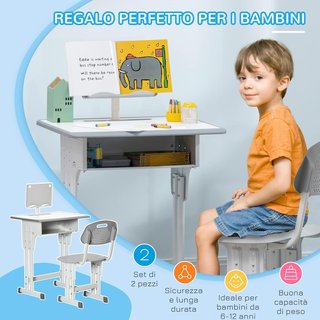 Conjunto de Escritorio y Silla para Niños de 6 a 12 Años con Altura Regulable, Banco Escolar con Cajón, Gancho, Portalápices y Atril, Conjunto de Banco con Silla para Niños en Acero y MDF, Gris
